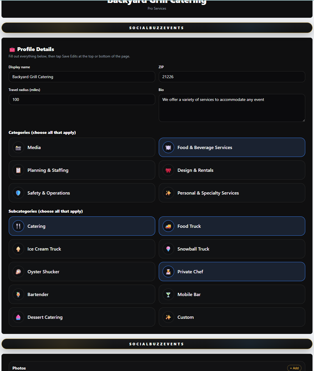Pro services categories and subcategories
