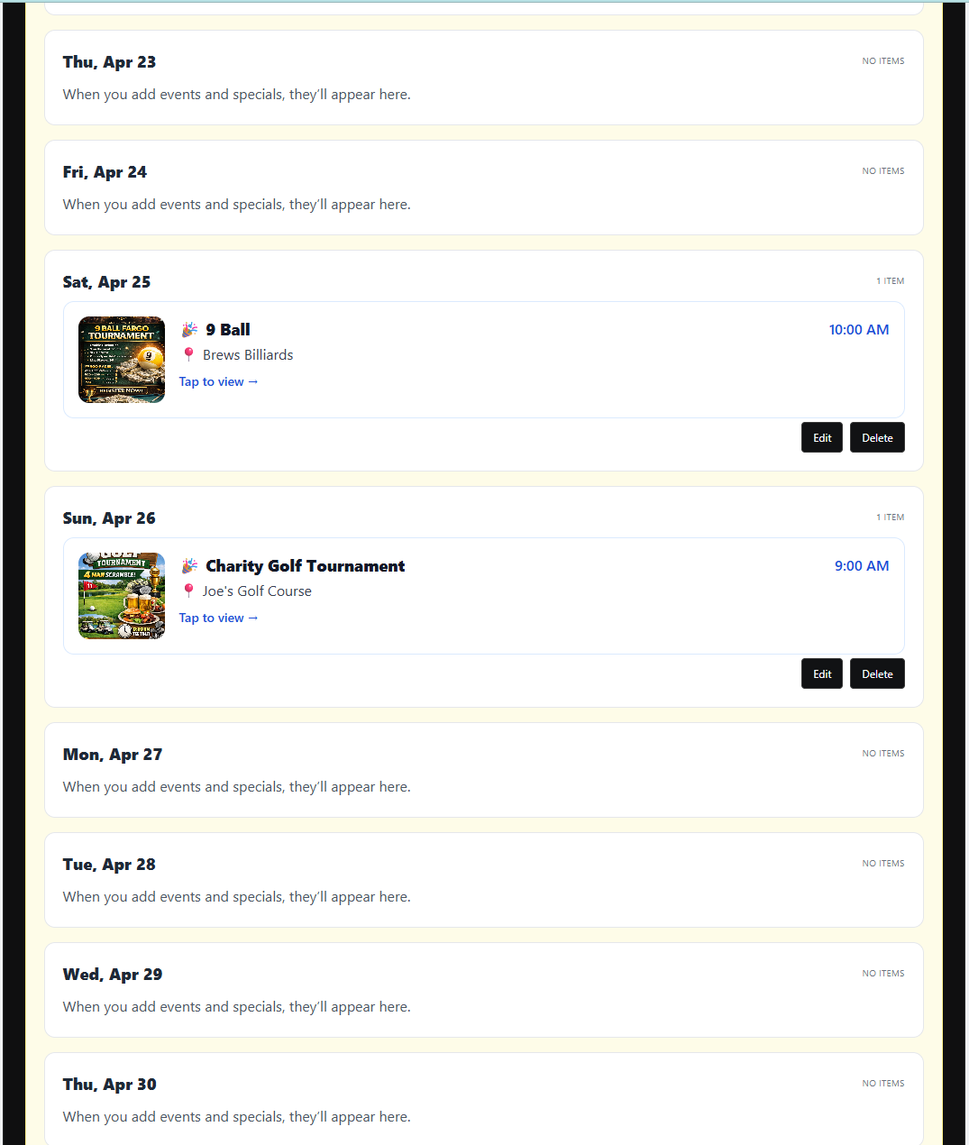 Tournament host calendar