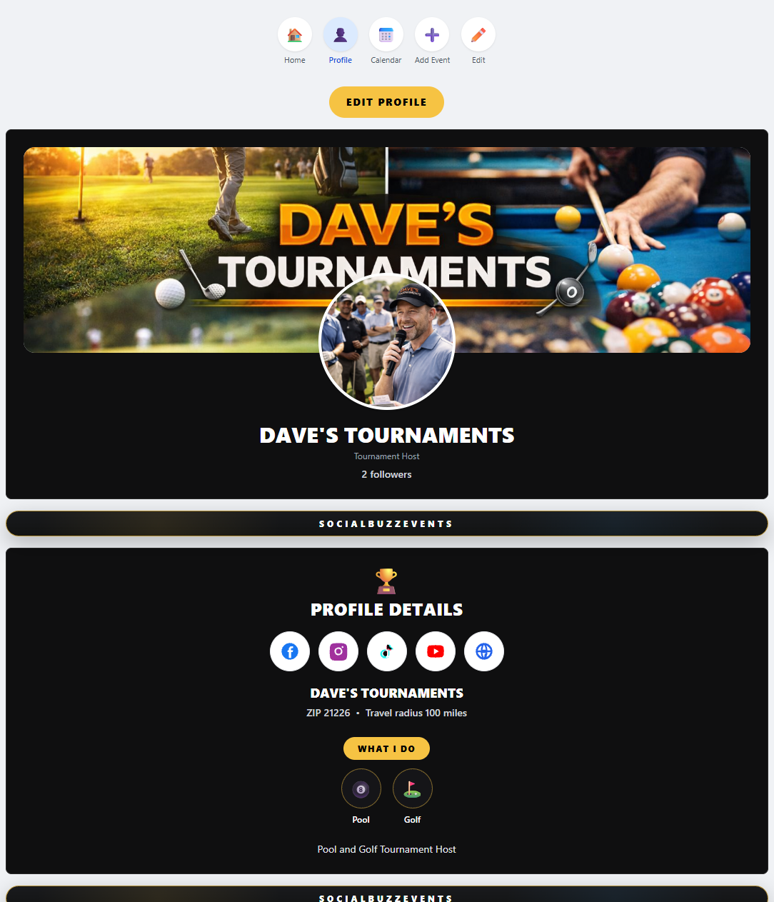 Tournament host profile setup